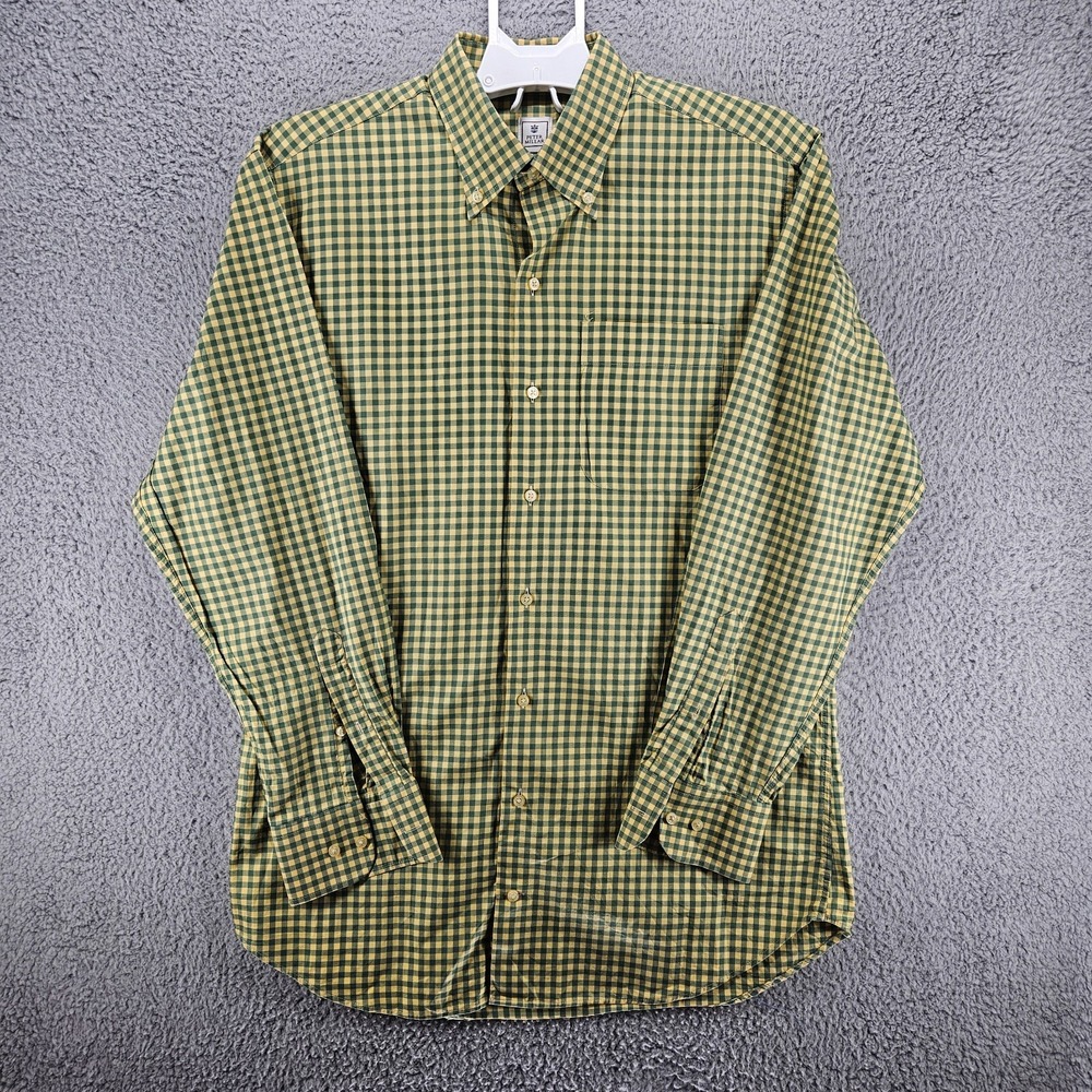 Peter Millar Mens Green Yellow Gingham Cotton Button Down Shirt Crest Size M